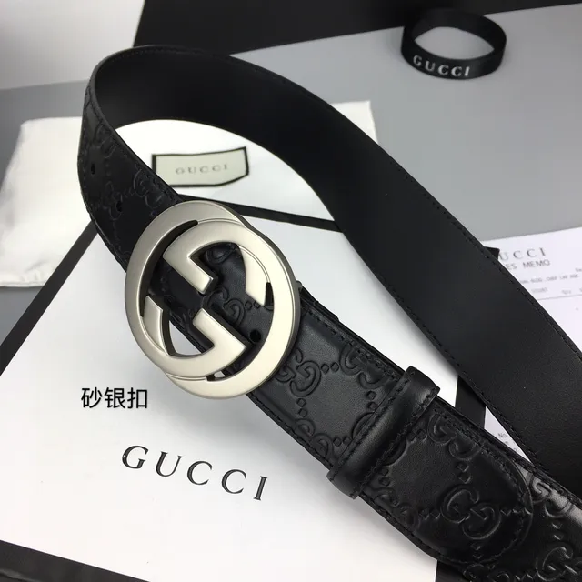 Gucci GG Marmont Cinto de couro preto prateado com monograma embossado G entrelaçado 9