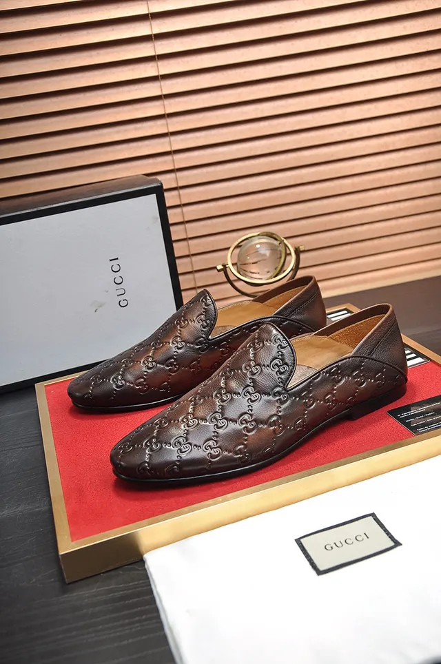 Gucci GG Marmont Brown Beige Embossed Monogram Smooth Leather Loafer 8