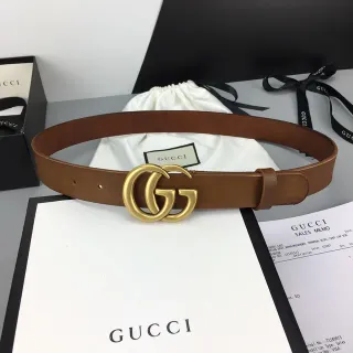 Gucci GG Marmont Brown Gold Interlocking G Buckle Smooth Strap Leather Belt