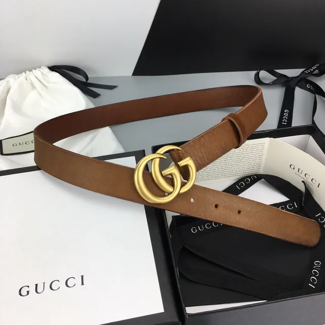 Gucci GG Marmont Marrom Dourado Interlocking G Buckle Faixa Lisa Cinto de Couro 2