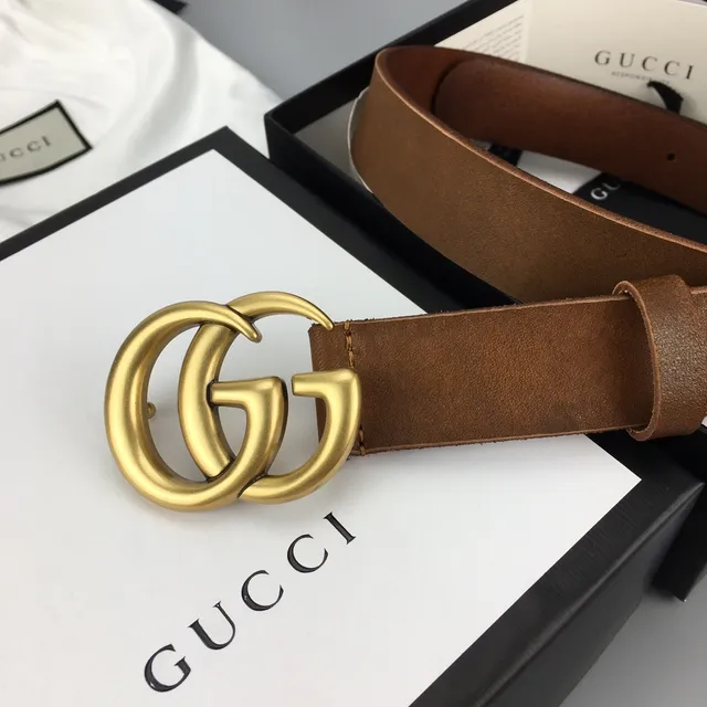 Gucci GG Marmont Marrom Dourado Interlocking G Buckle Faixa Lisa Cinto de Couro 3