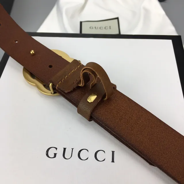 Gucci GG Marmont Marrom Dourado Interlocking G Buckle Faixa Lisa Cinto de Couro 8