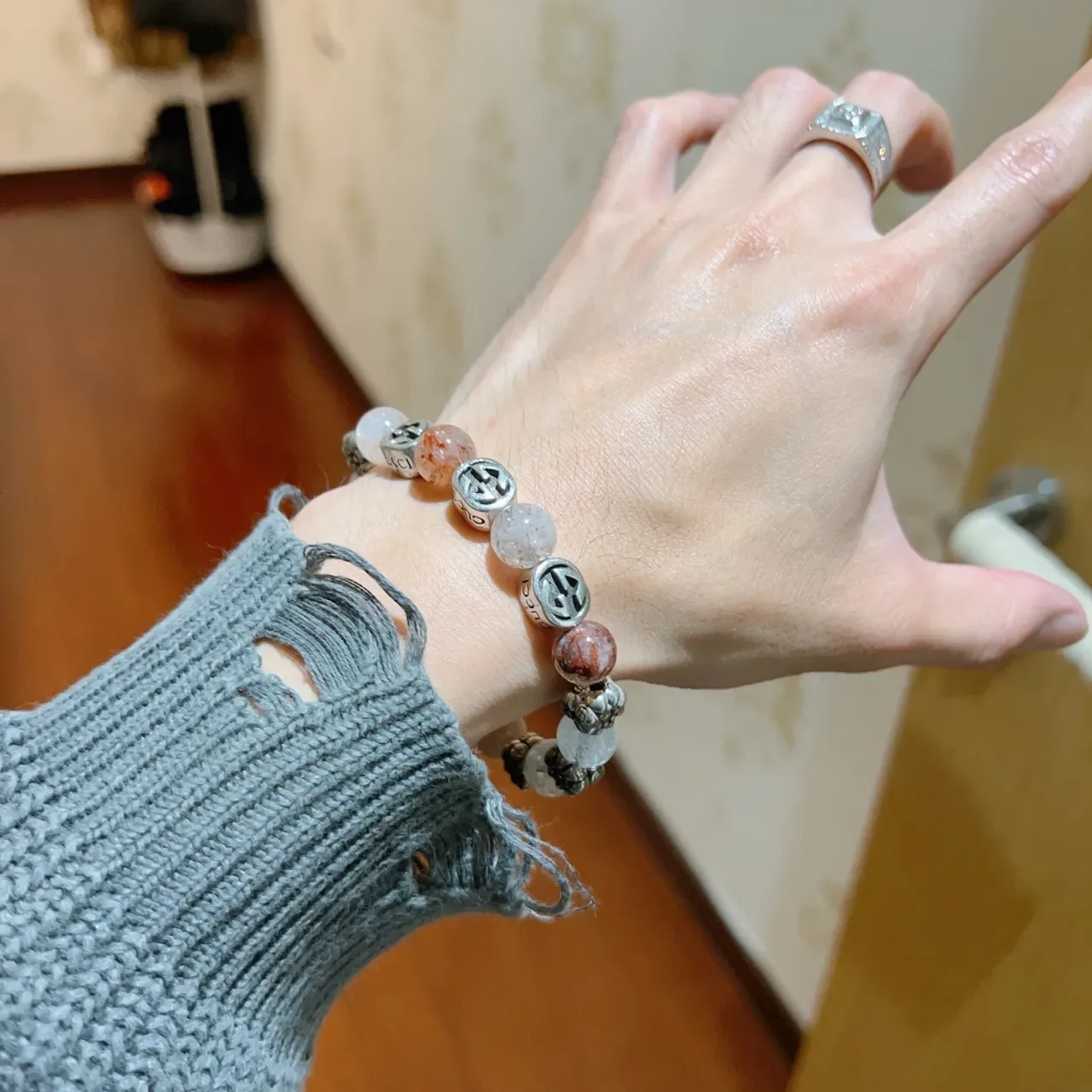 Gucci GG Marmont Brown Silver Beaded Interlocking Logo Bracelet 2