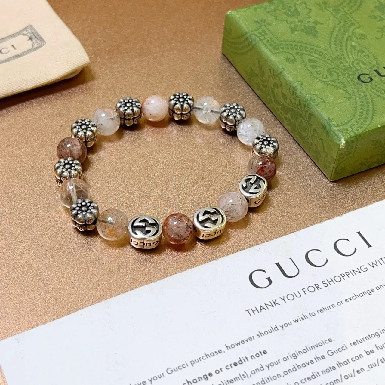 Gucci GG Marmont Brown Silver Beaded Interlocking Logo Bracelet 4