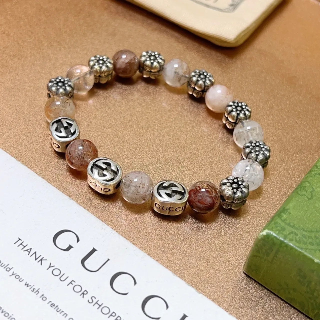 Gucci GG Marmont Brown Silver Beaded Interlocking Logo Bracelet 9