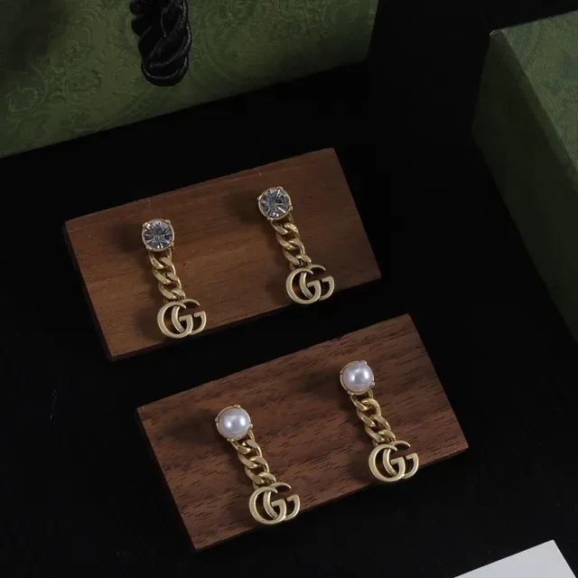 Gucci GG Marmont Chain Drop Pearl and Crystal Earrings 2