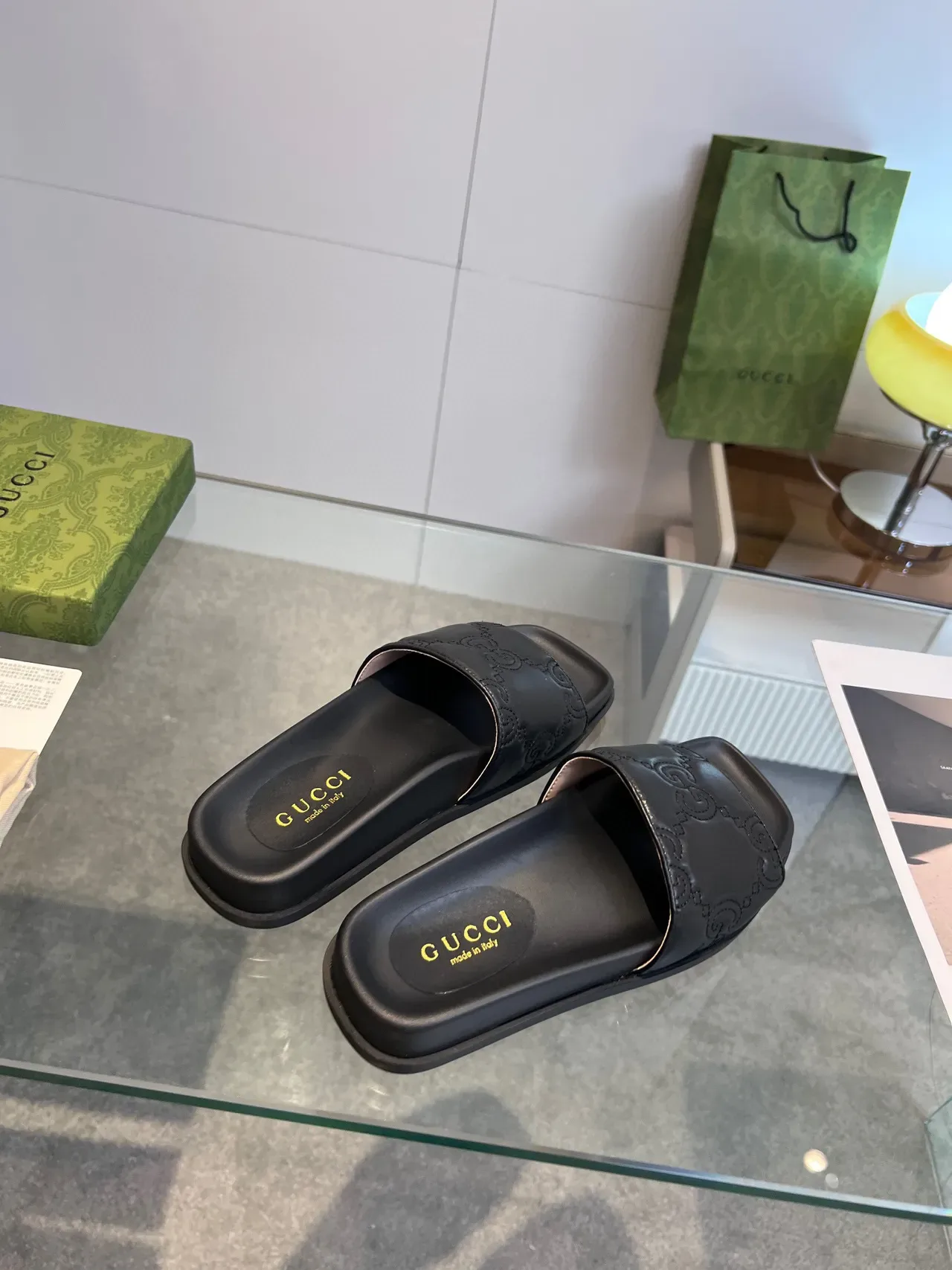 Gucci GG Marmont Embossed Black Leather Square-Toe Slide Slippers 2