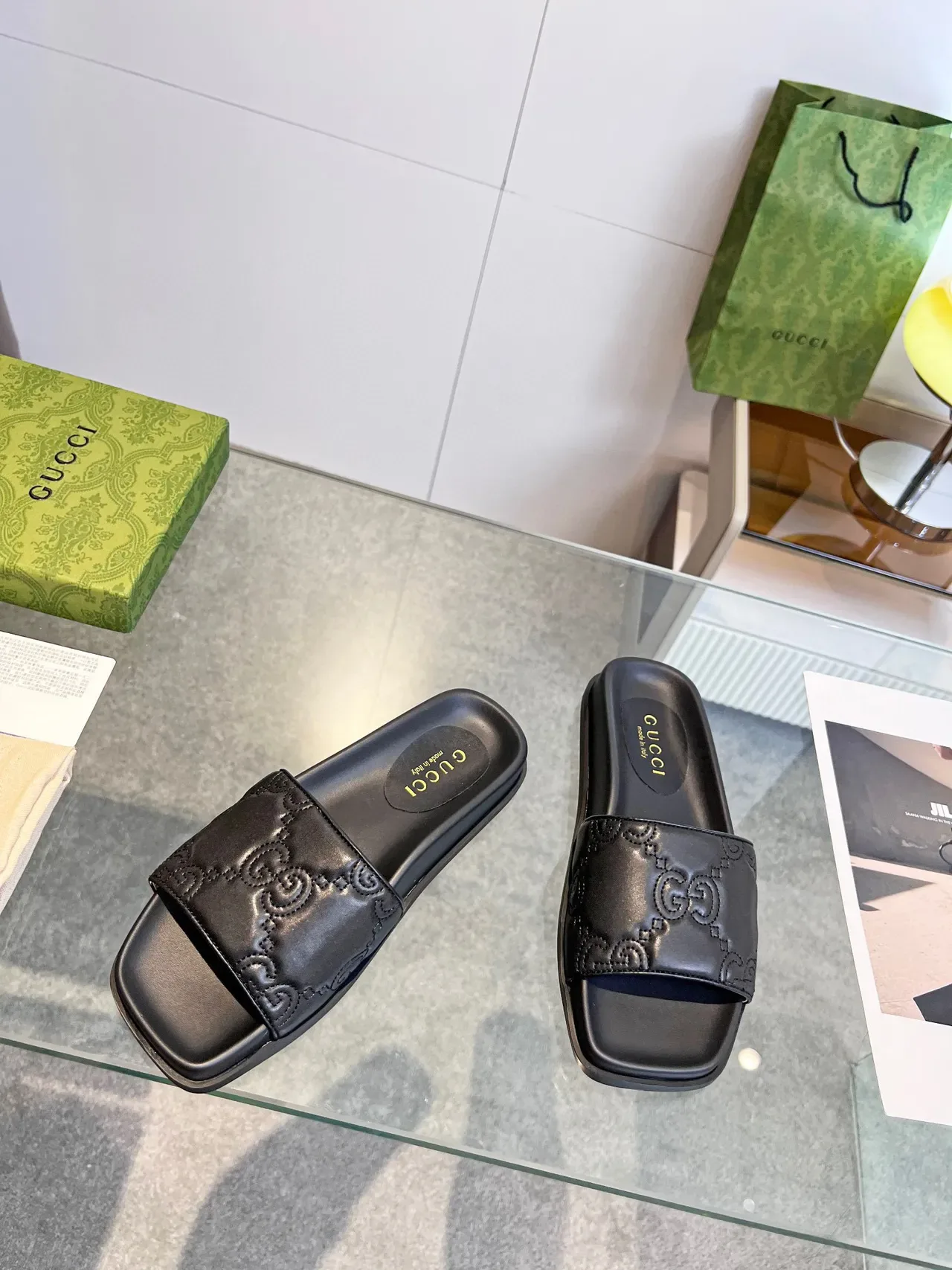 Gucci GG Marmont Embossed Black Leather Square-Toe Slide Slippers 4
