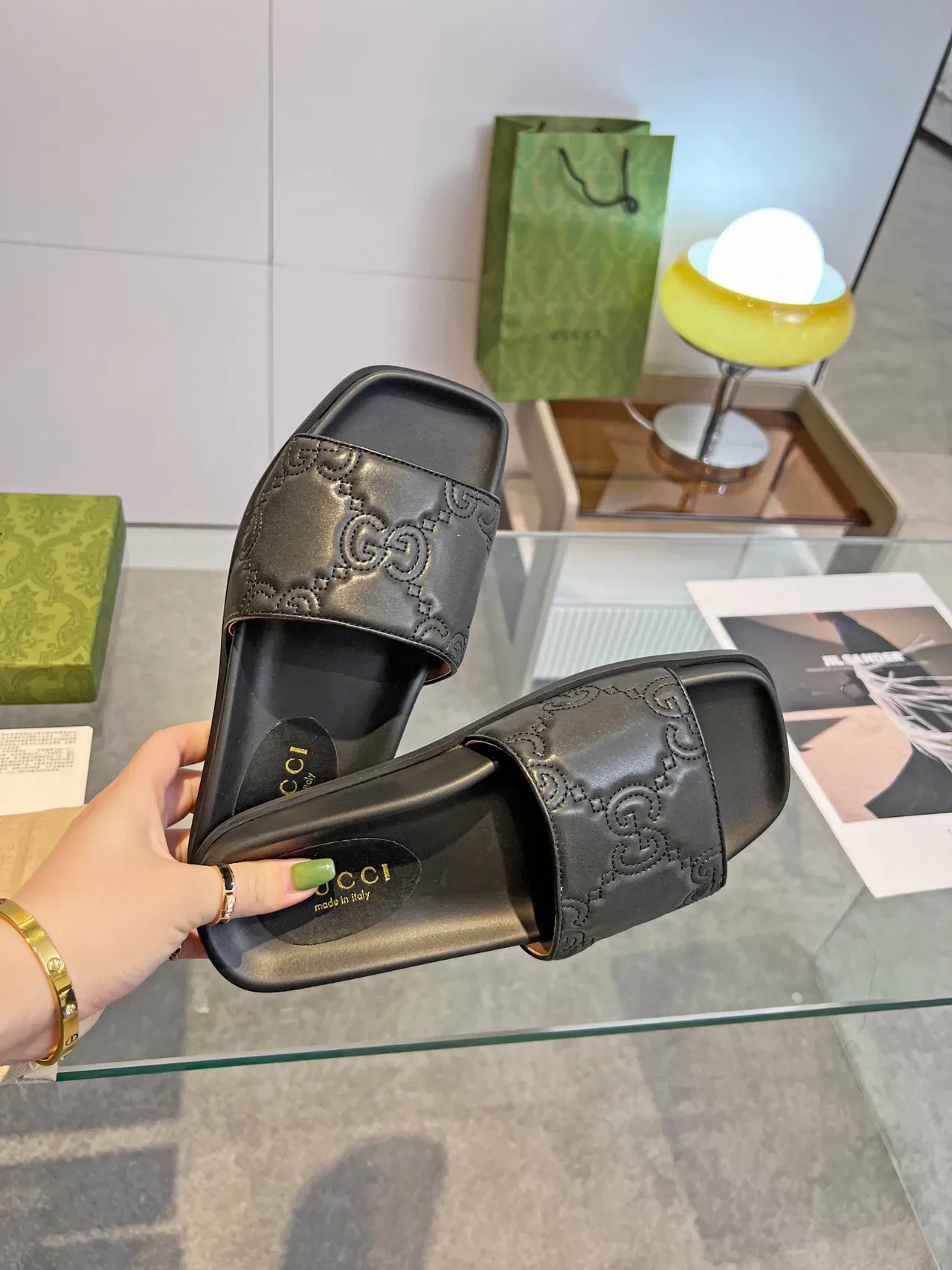 Gucci GG Marmont Embossed Black Leather Square-Toe Slide Slippers 5