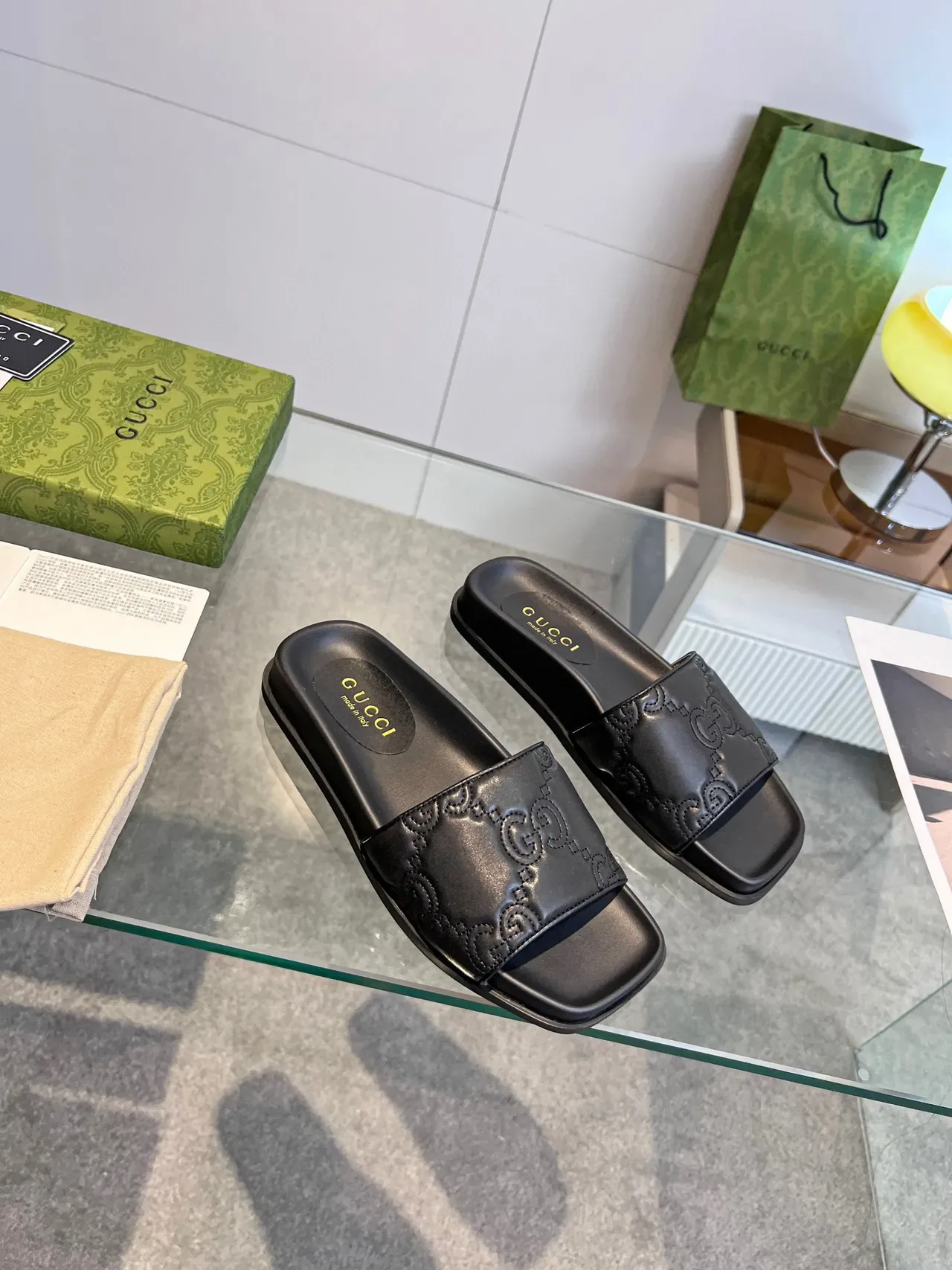 Gucci GG Marmont Embossed Black Leather Square-Toe Slide Slippers 6