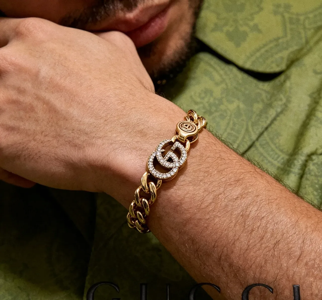 Gucci GG Marmont Gold Curb-Link Crystal-Embellished Bracelet 5