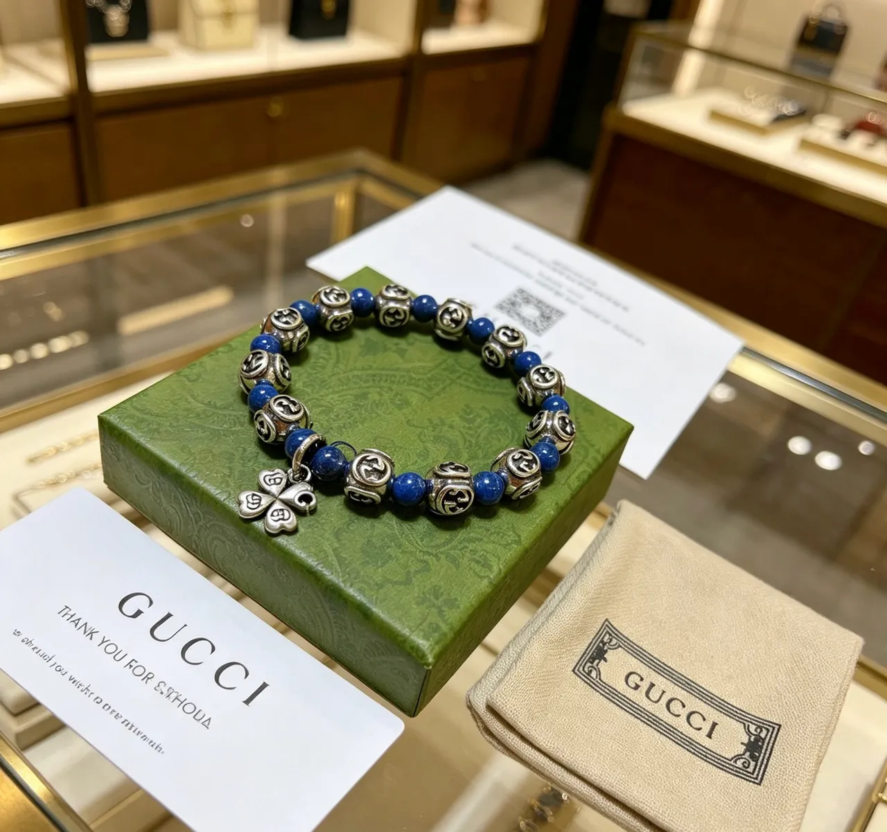 Gucci GG Marmont Lapis Lazuli et Bracelet Perlé Argenté 2