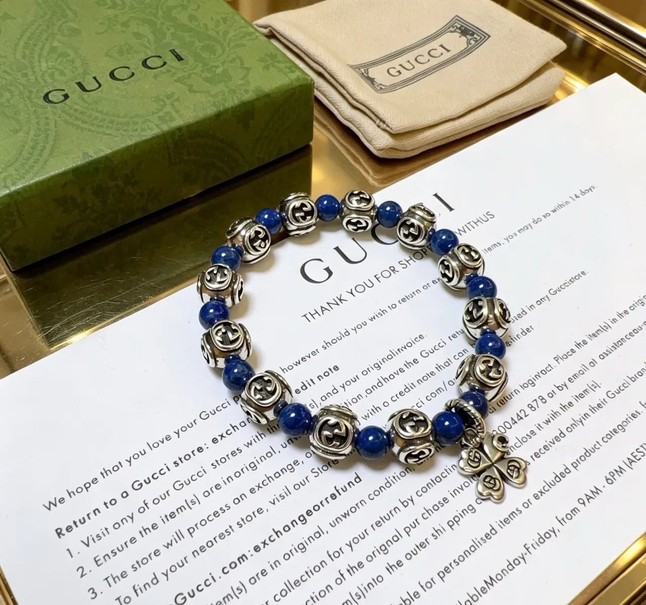 Gucci GG Marmont Lapis Lazuli et Bracelet Perlé Argenté 4