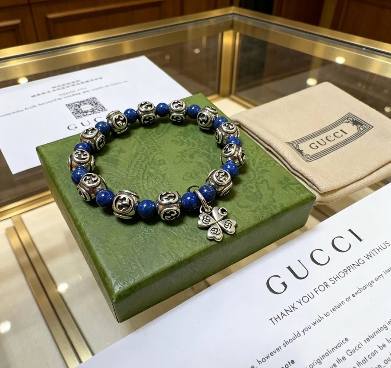 Gucci GG Marmont Lapis Lazuli et Bracelet Perlé Argenté 7