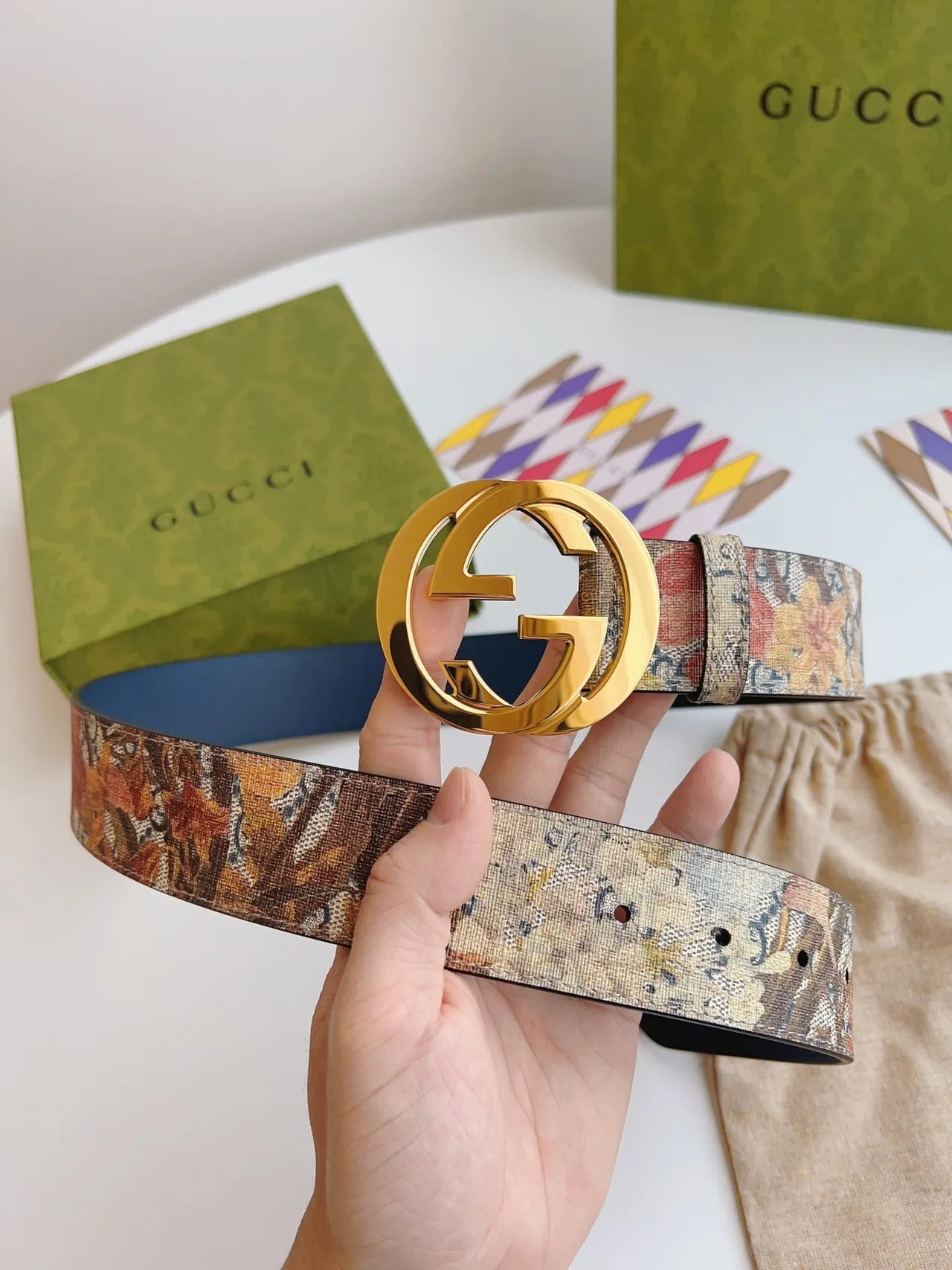 Gucci GG Marmont Multicolor Gold Interlocking G Buckle Printed Fabric Strap Leather Belt 5