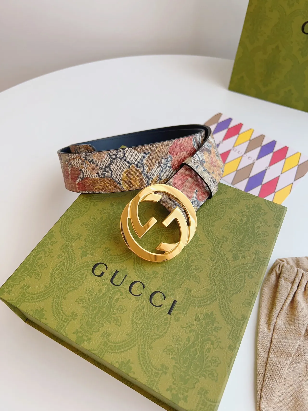 Gucci GG Marmont Multicolor Gold Interlocking G Buckle Printed Fabric Strap Leather Belt 8
