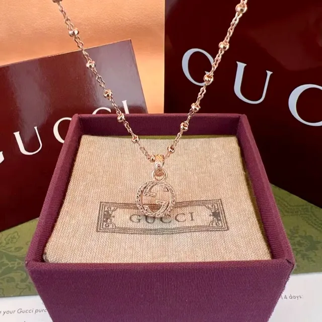 Gucci GG Marmont Pendant Gold Silver Interlocking G Logo Textured Bezel Necklace 6