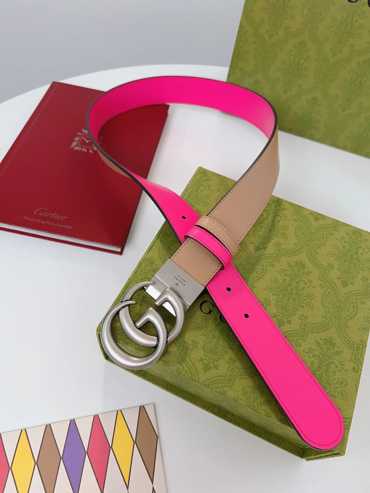 Gucci GG Marmont حزام جلد وردي وبيج 6