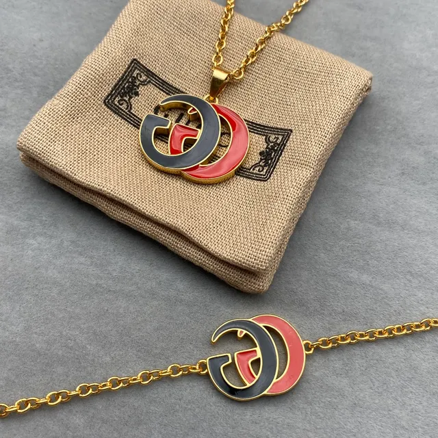Gucci GG Marmont Pink Black Gold-Tone Chain Enamel Double-G Pendant Necklace 4