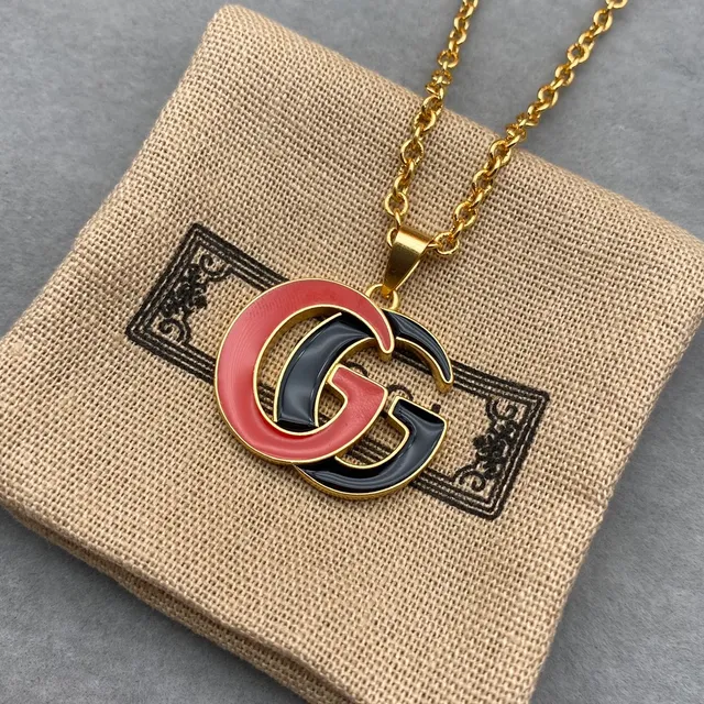 Gucci GG Marmont Pink Black Gold-Tone Chain Enamel Double-G Pendant Necklace 5