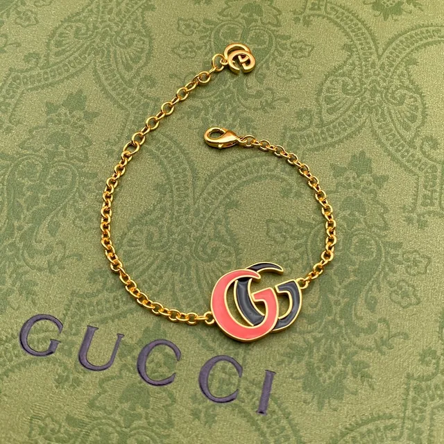 Gucci GG Marmont Pink Black Gold-Tone Chain Enamel Double-G Pendant Necklace 6