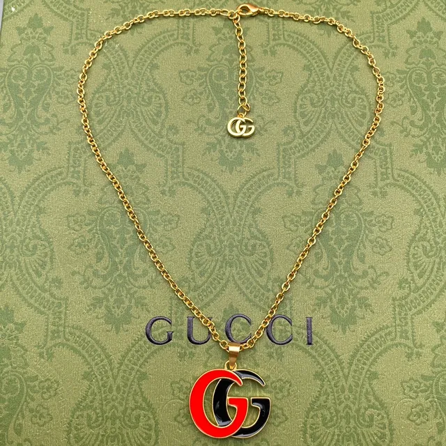 Gucci GG Marmont Pink Black Gold-Tone Chain Enamel Double-G Pendant Necklace 7