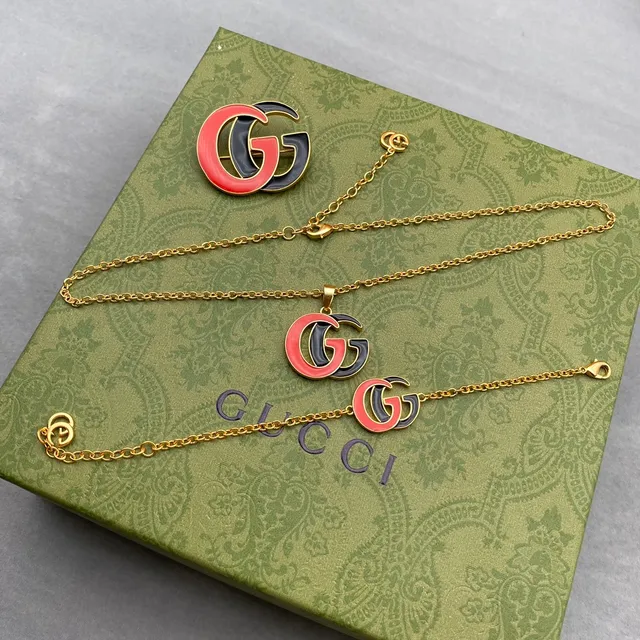 Gucci GG Marmont Pink Black Gold-Tone Chain Enamel Double-G Pendant Necklace 8
