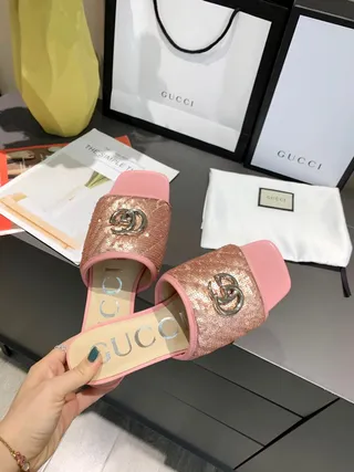 Gucci GG Marmont Quilted Sequined Pink Slippers 2