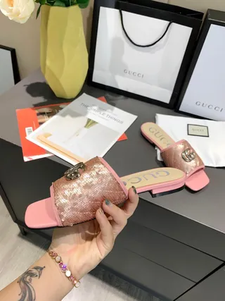 Gucci GG Marmont Quilted Sequined Pink Slippers 3