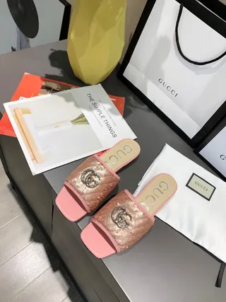 Gucci GG Marmont Quilted Sequined Pink Slippers 8
