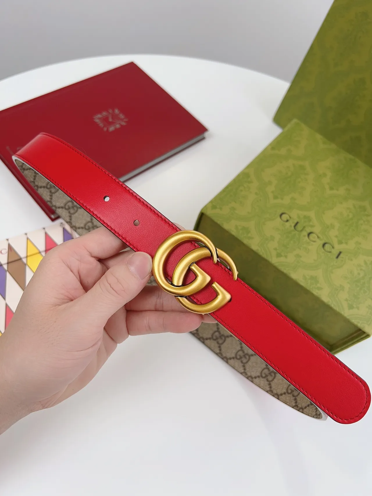 Gucci GG Marmont Red and Beige Leather Belt 6