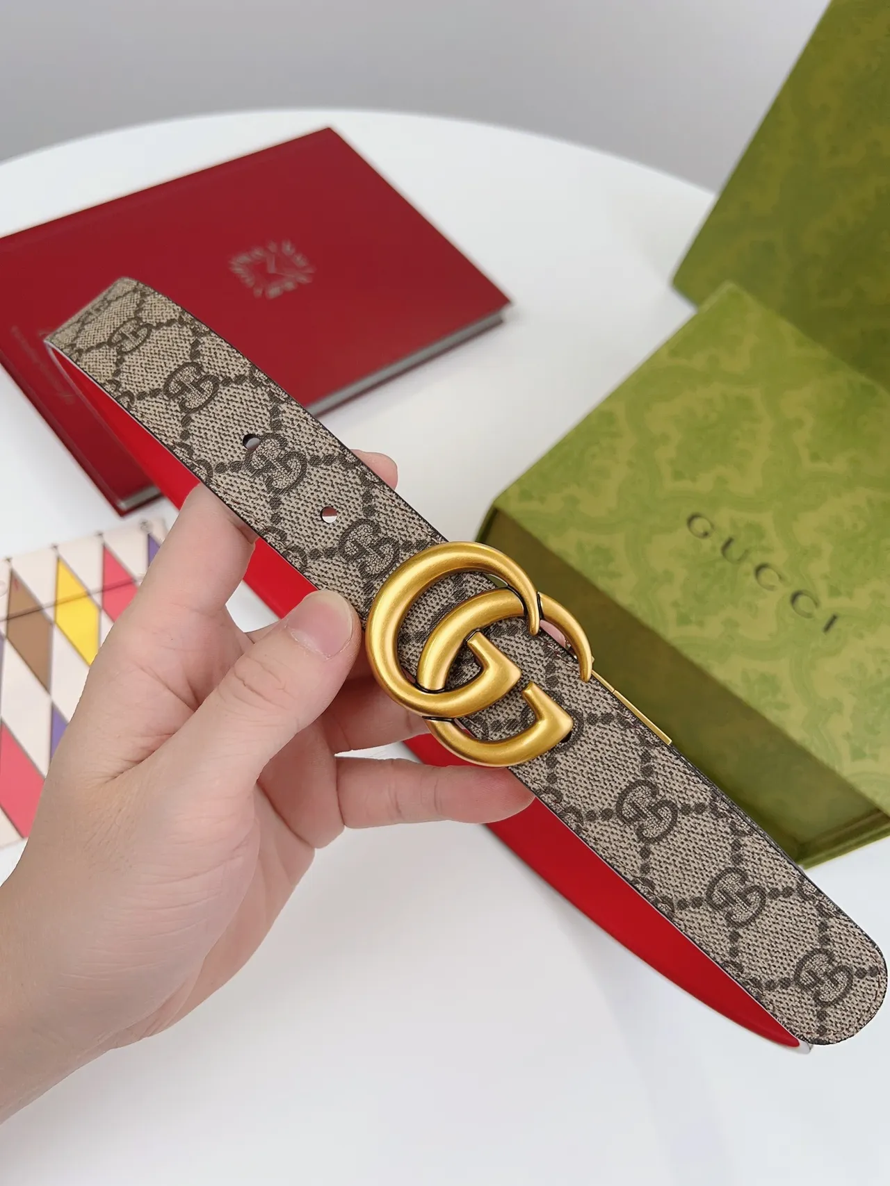 Gucci GG Marmont Red and Beige Leather Belt 7