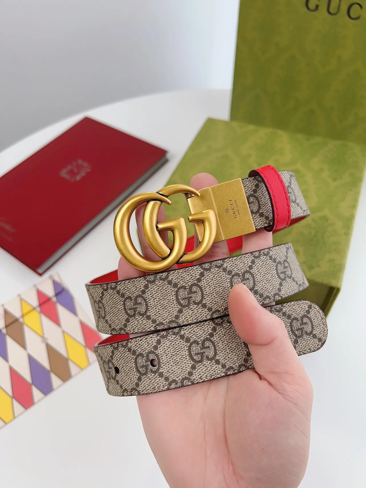 Gucci GG Marmont Red and Beige Leather Belt 8