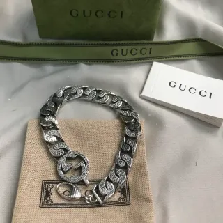 Gucci GG Marmont Silver Beige Heavy Curb-Link Chain Ornate Scroll-Engraved Links Bracelet