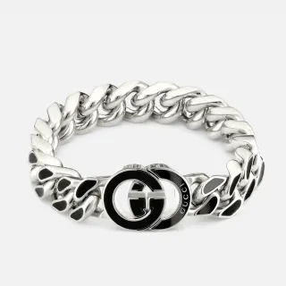Gucci GG Marmont Silver Black Chunky Curb-Link Chain Interlocking Double-G Logo Clasp Bracelet