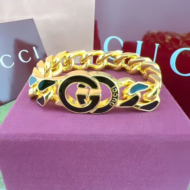 Gucci GG Marmont Silver Black Chunky Curb-Link Chain Interlocking Double-G Logo Clasp Bracelet 5