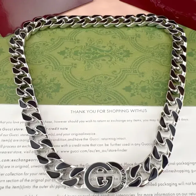 Gucci GG Marmont Silver Black Chunky Curb-Link Chain Interlocking Double-G Logo Clasp Bracelet 6