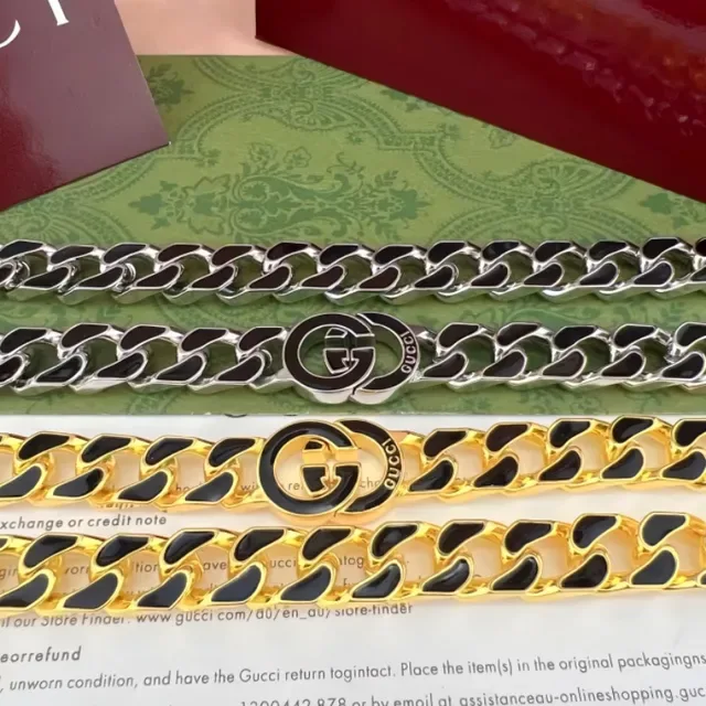 Gucci GG Marmont Silver Black Chunky Curb-Link Chain Interlocking Double-G Logo Clasp Bracelet 8