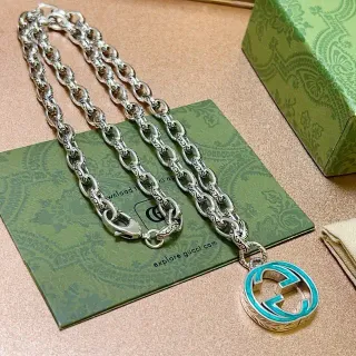 Gucci GG Marmont Silver Blue Ornate Link Chain Turquoise Enamel Pendant Necklace