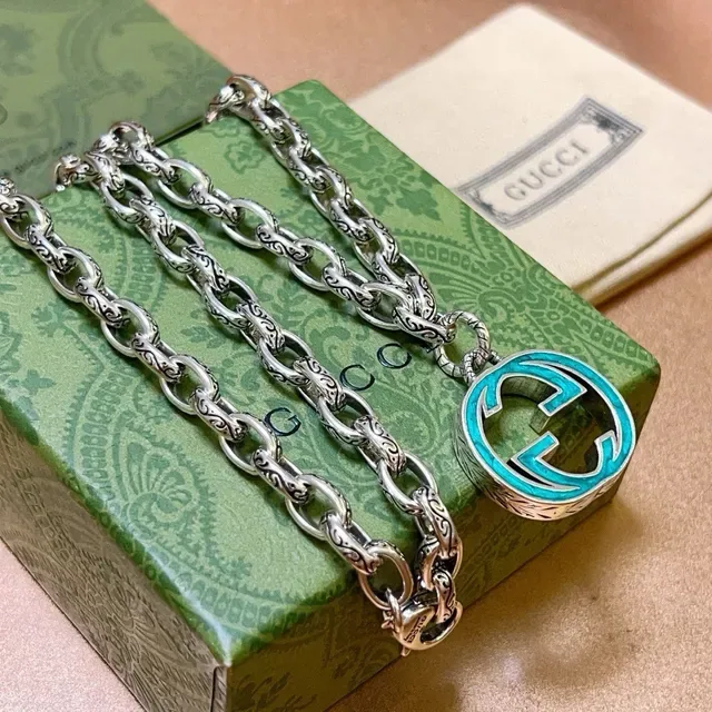 Gucci GG Marmont Silver Blue Ornate Link Chain Turquoise Enamel Pendant Necklace 3