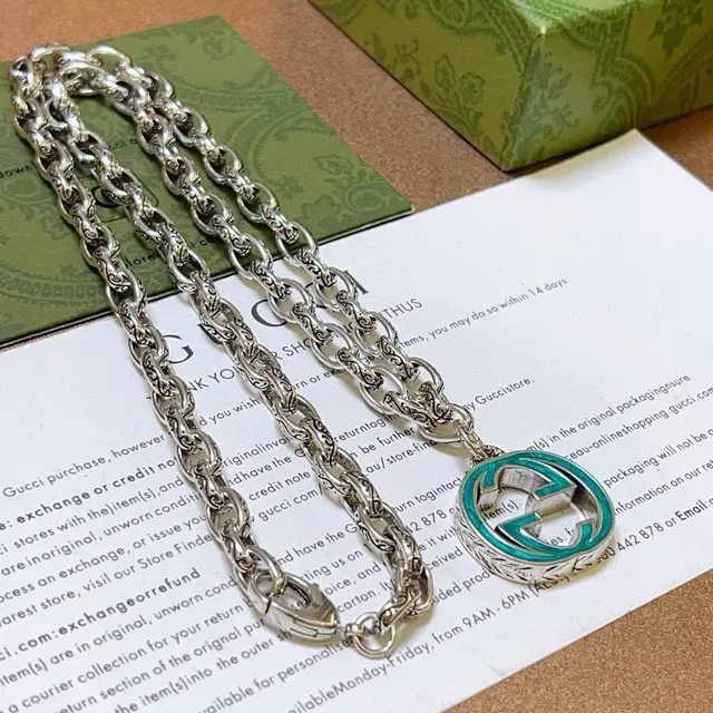 Gucci GG Marmont Silver Blue Ornate Link Chain Turquoise Enamel Pendant Necklace 4