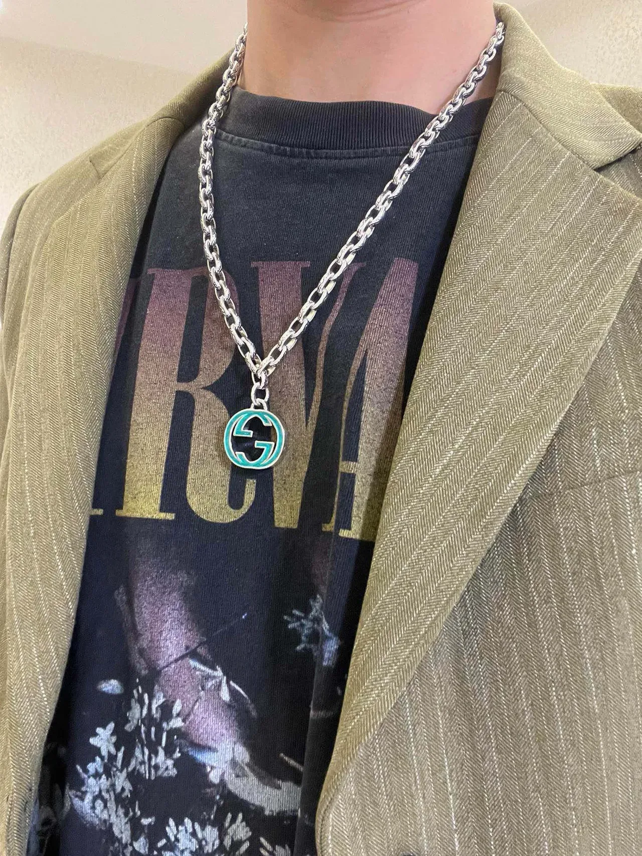 Gucci GG Marmont Silver Blue Ornate Link Chain Turquoise Enamel Pendant Necklace 5