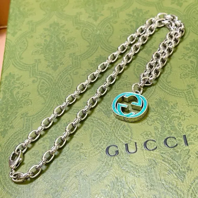 Gucci GG Marmont Silver Blue Ornate Link Chain Turquoise Enamel Pendant Necklace 6