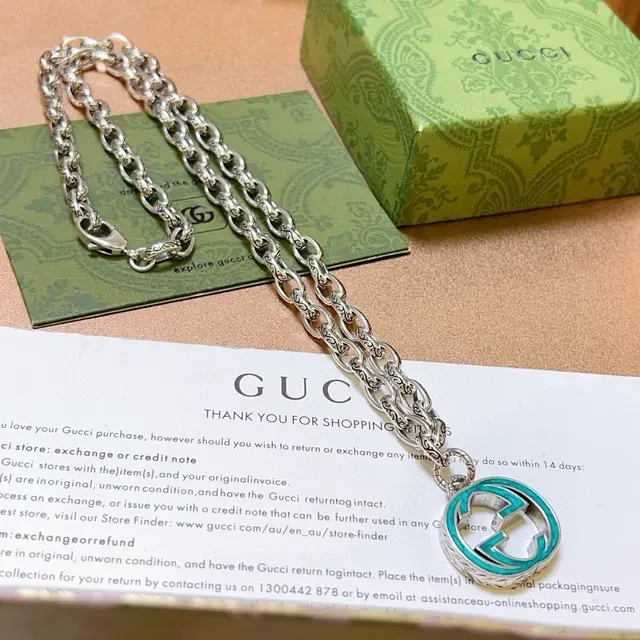 Gucci GG Marmont Silver Blue Ornate Link Chain Turquoise Enamel Pendant Necklace 7