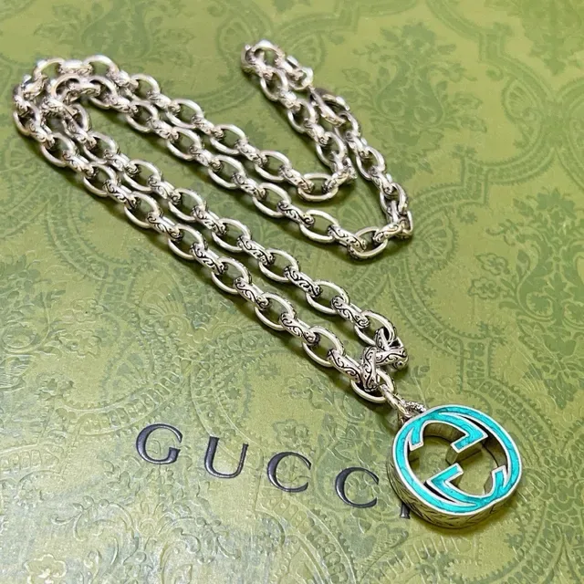 Gucci GG Marmont Silver Blue Ornate Link Chain Turquoise Enamel Pendant Necklace 9