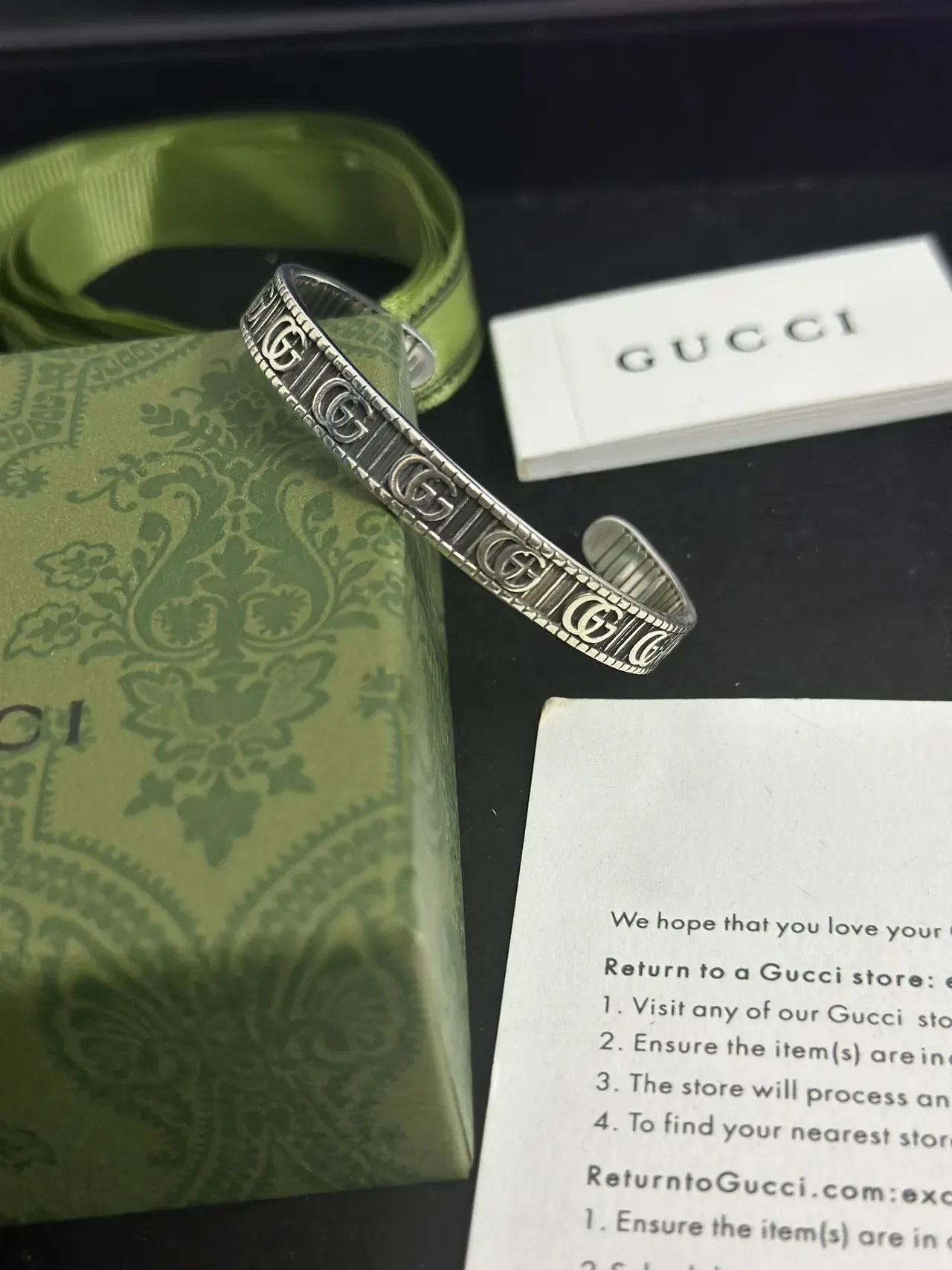 Gucci GG Marmont Silver Interlocking Motif Ribbed Interior Bracelet 2