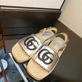 Gucci GG Marmont Silver Metallic GG Logo Espadrille Casual Sandals