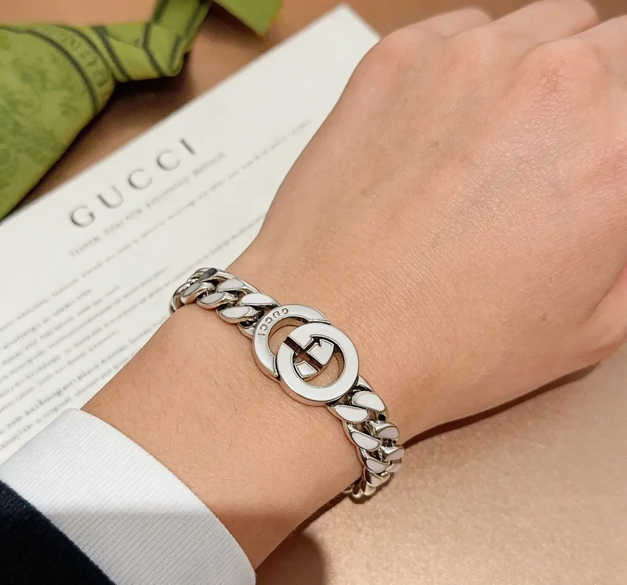 Gucci GG Marmont White Enamel Curb Chain Bracelet 2