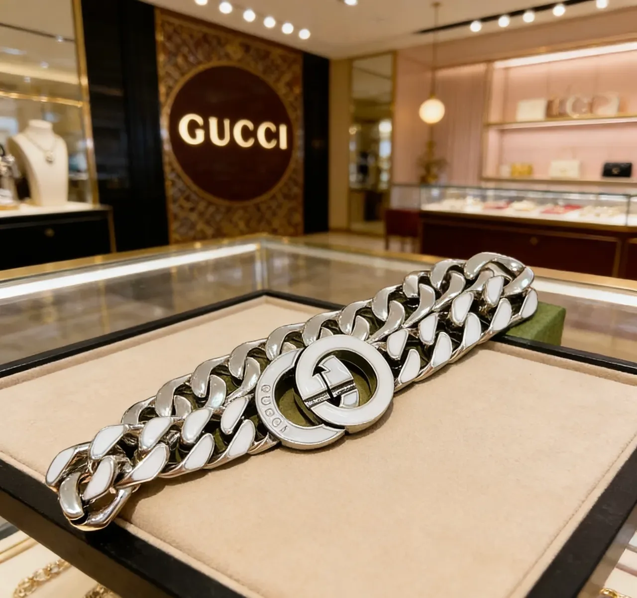 Gucci GG Marmont White Enamel Curb Chain Bracelet 5