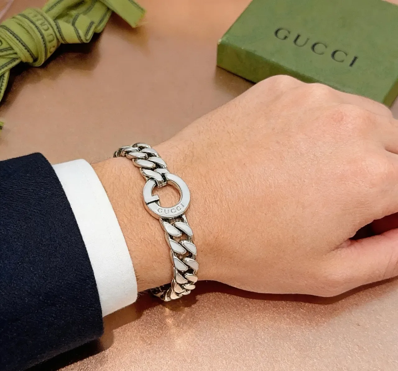 Gucci GG Marmont White Enamel Curb Chain Bracelet 6